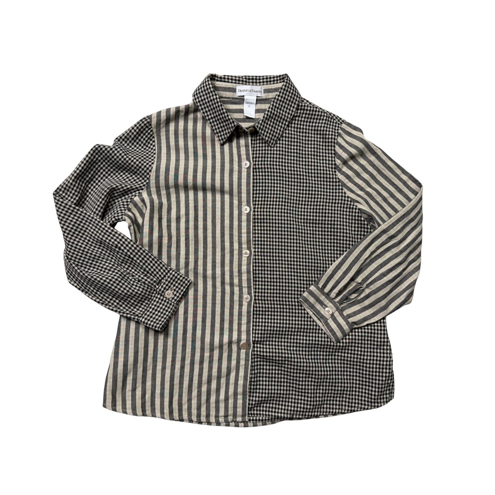Draper's & Damon's Petite Large Patchwork Gingham Stripe Button Down Blouse